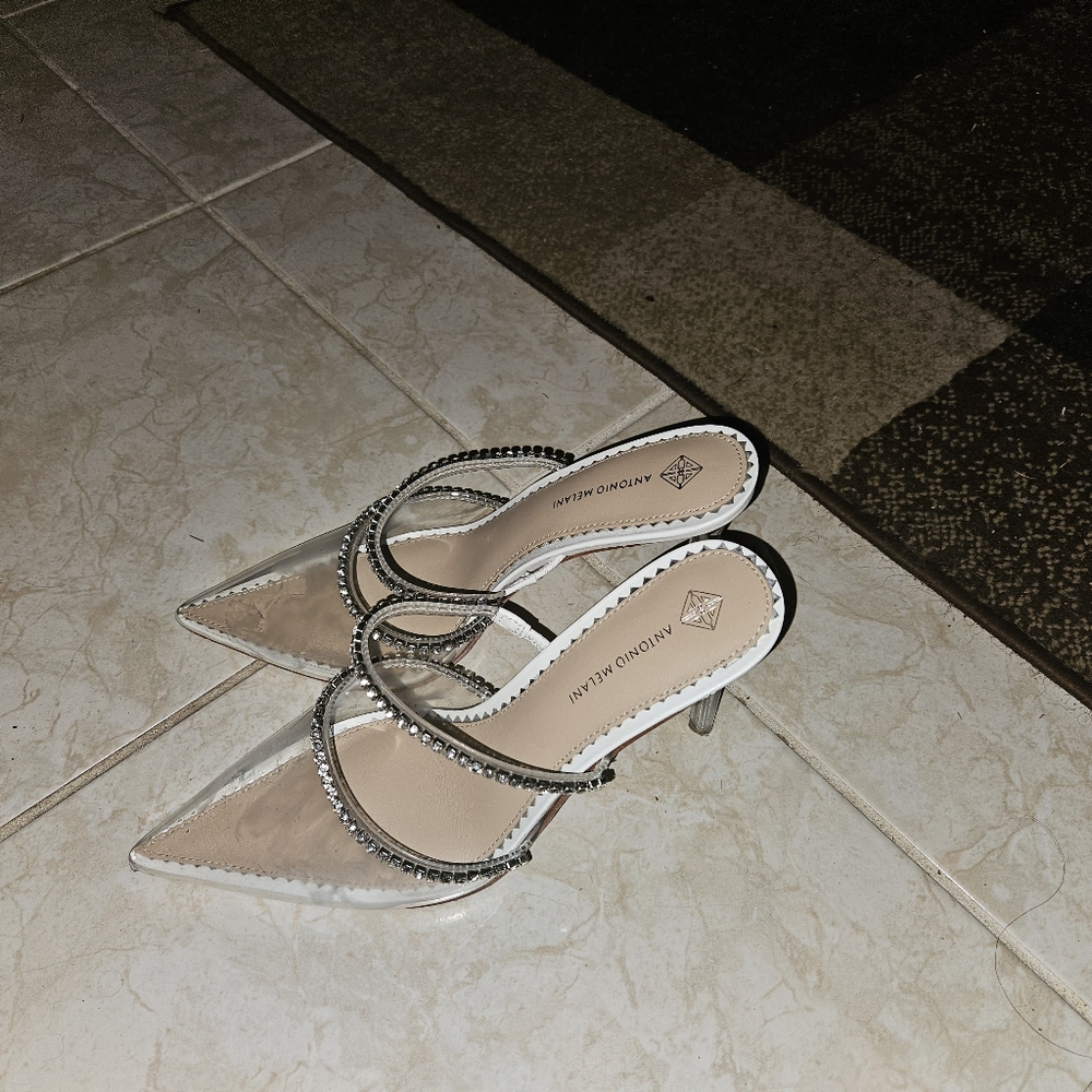 ANTONIO MELANI Silver Rhinestone-Strap Pointed Toe Mules